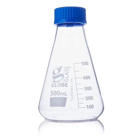 Globe Scientific Flask, Erlenmeyer, Globe Glass, 500mL, Screw Cap, Dual Graduations, ASTM E1404, 6/Box 8420500